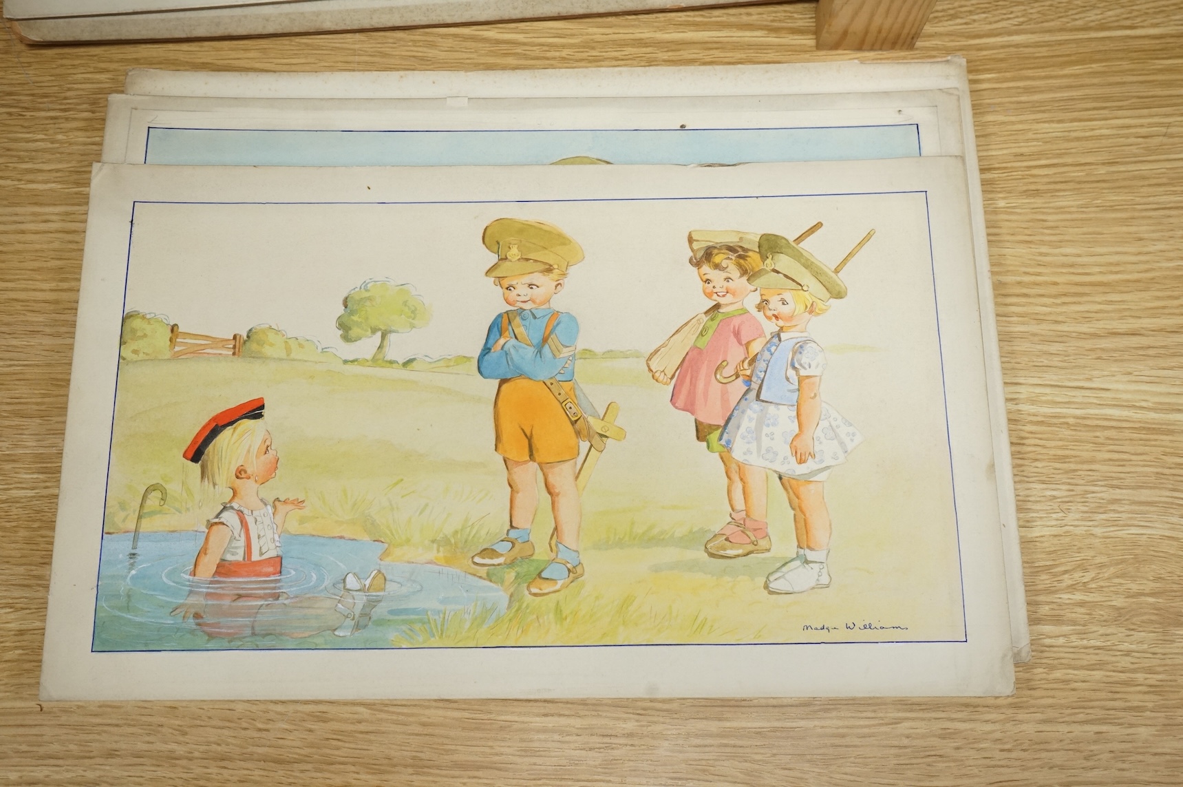 Madge Williams (1902-1986), a set of six original watercolours for children's postcard artworks, WWII examples to include The Home Guard, Caught by the Siren and But you said - Fall In, some signed with inscriptions, unf